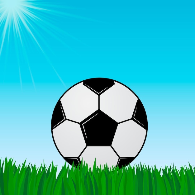 Fußball auf dem grünen rasen blauer himmel und sonne fußball-konzept sport-vektor-illustration sonniger sommertag gesundes leben und aktivitäten vorlage für ihre designprojekte