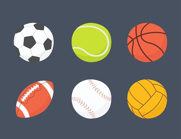 Vektor fußball, basketball, baseball, tennis, volleyball, wasserball. hand gezeichnete illustration im karikatur- und flachen stil auf dunklem hintergrund