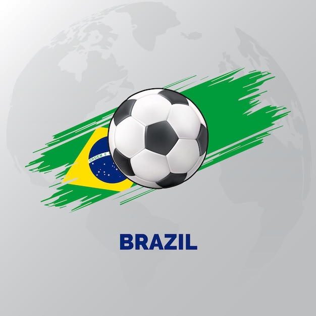 Fußball Brasilien mit Brasilien-Flagge und Weltkarte hinter ihnen isoliert auf weißem Hintergrund