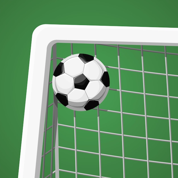 Fußball-Fußball, der ein Tor in der Ecke der Netztorpfosten auf der flachen Vektorillustration des Feldes erzielt