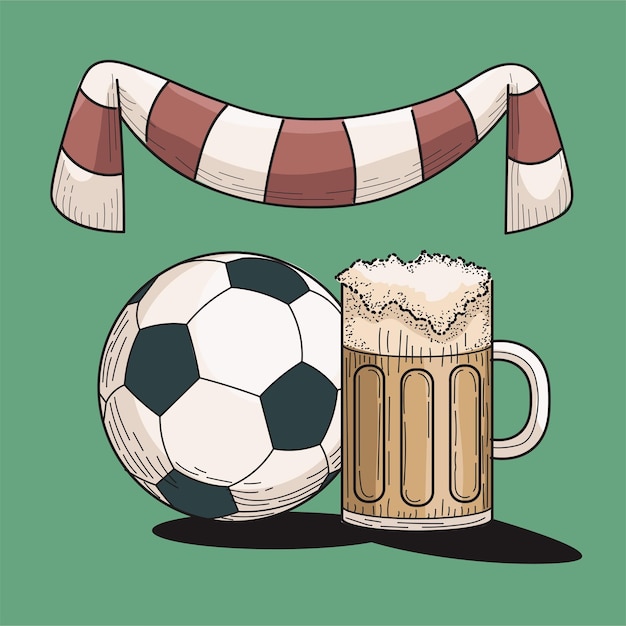 Fußball fußball mit einem glas bier und fanschal