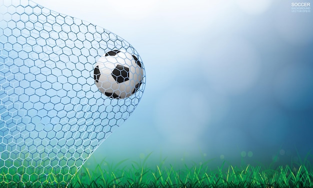 Fußball im Tor. Fußballball und weißes Netz mit leicht unscharfem Bokeh-Hintergrund. Vektor-Illustration.
