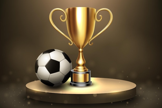 Fußball-Meisterschaft mit Goldener Trophäe und Fußball auf Luxus-Podium Vektor-Illustration