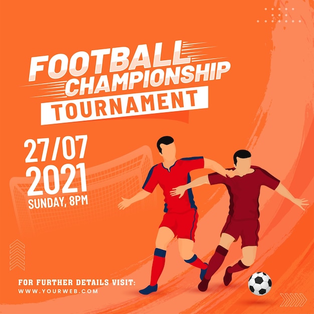 Fußball-meisterschafts-turnier-plakat-design mit gesichtslosem fußballer, der ball tritt