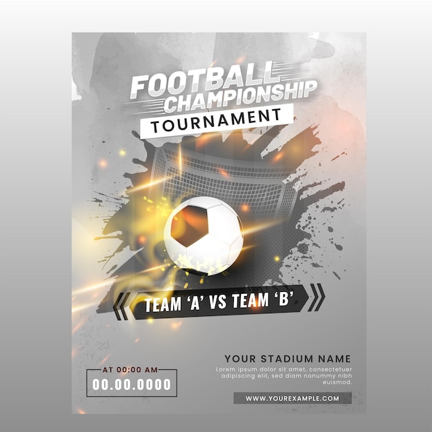 Vektor fußball-meisterschaftsturnier-flyer-design mit fußball auf abstraktem grauem lichteffekt-hintergrund