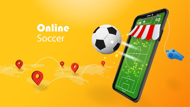 Fußball online-konzept mit 3d-handy und fußball auf gelbem hintergrund mit weltkarte standort pin.