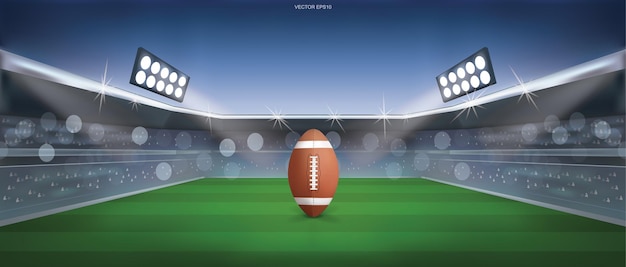 Fußballball auf Stadionhintergrund des amerikanischen Fußballs. Vektor-Illustration.