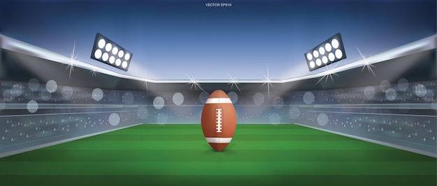 Fußballball auf stadionhintergrund des amerikanischen fußballs. vektor-illustration.