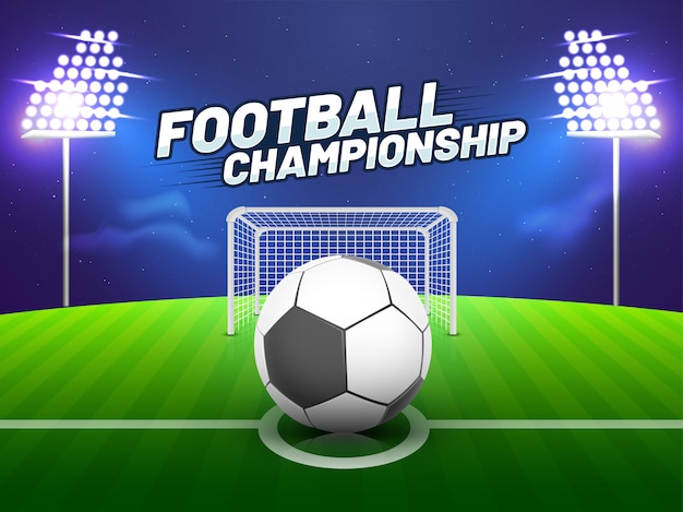 Fußballbodenansicht in der nacht, im torpfosten und im fußball. stilvolle text football championship.