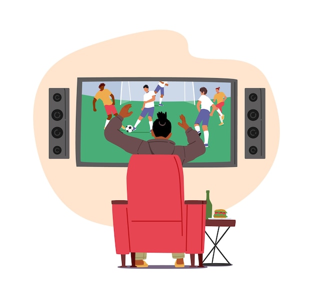 Fußballfan, der das spiel im fernsehen genießt und auf der couch sitzt, mit bier und burger, rückansicht, mann, der für sein lieblingsteam jubelt