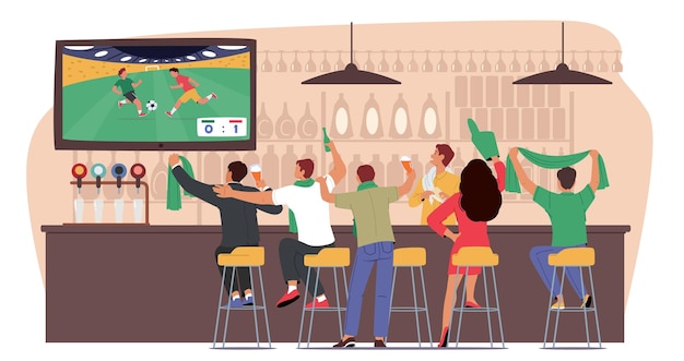 Fußballfans, die ein Spiel im Fernsehen beobachten, sitzen auf Hochstühlen im Nachtclub, Rückansicht, aufgeregte Menschen, Fußballfans