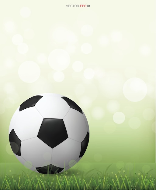 Fußballfußball auf grünem rasen mit leicht unscharfem bokeh-hintergrund. vektor-illustration.