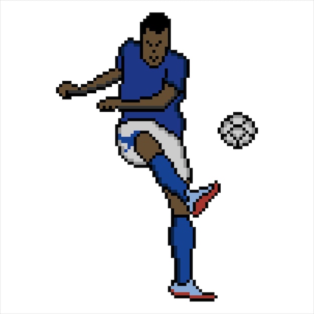 Fußballspieler, der ball mit pixelkunst tritt. vektor-illustration