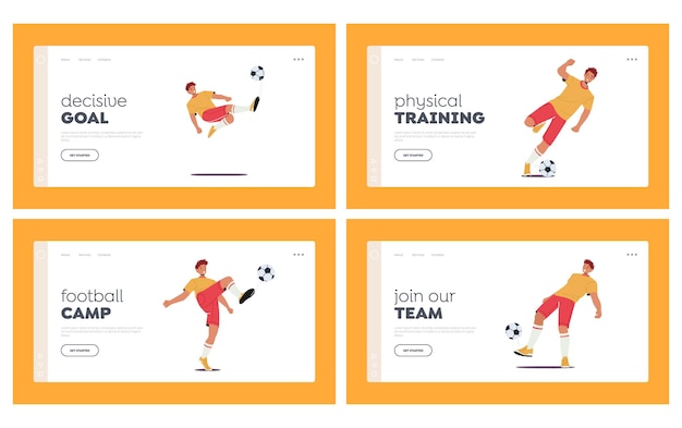 Fußballspieler landing page template set fußballturniermannschaften tragen einheitliche spielsportler männliche charaktere