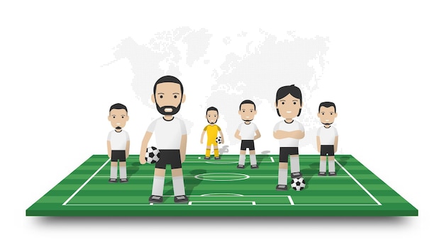 Vektor fußballspieler-team steht auf perspektive fußballplatz. gepunktete weltkarte auf weißem hintergrund isoliert. sportler-cartoon-figur. 3d-vektordesign.