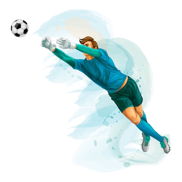 Vektor fußballtorhüter springt auf den ball. spritzer aquarelle. vektor realistische illustration von farben