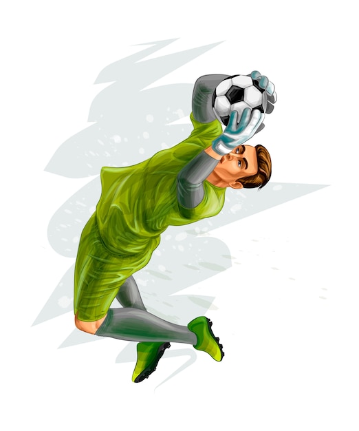 Fußballtorhüter springt auf den Ball. Vektor realistische Illustration von Farben