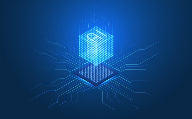 Futuristic AI 3D cube in isometric projection Glowing chip circuit board data processor Abstract digital background Machine learning computer network artificial intelligence technology concept