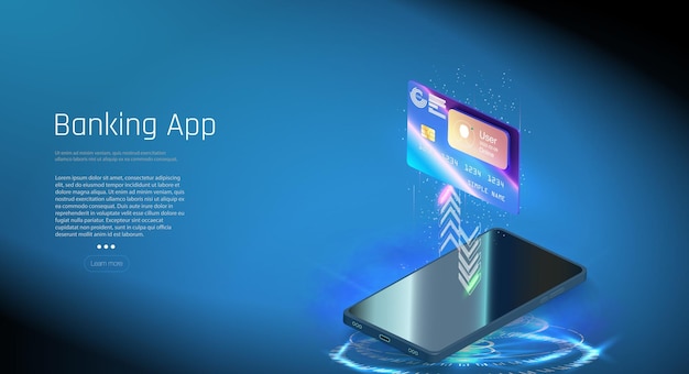 Vektor futuristisch leuchtende kreditkarte auf blauem hintergrund hologramm sicherer zahlungsschutz