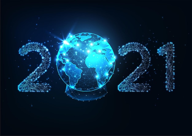 Futuristische digitale Web-Banner-Vorlage des neuen Jahres mit glühender niedriger polygonaler 2021-Zahl und Schneekugel des Planeten Erde auf dunkelblauem Hintergrund. Modernes Drahtgitterdesign.
