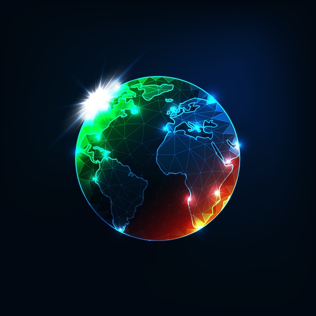 Futuristische glühende niedrige polygonale Planet Erde-Kugelkarte mit den orange und grünen Punkten