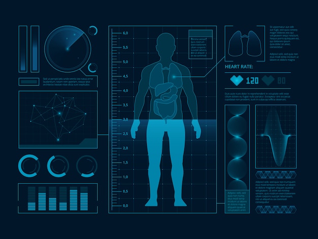 Futuristische medizinische Symbole des Scans für Netzschnittstelle, Sichtbarmachung des digitalen Menschen überprüfen