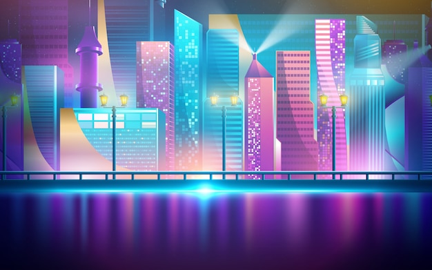 Futuristische nachtstadt. stadtbild auf einem dunklen hintergrund mit den hellen und glühenden purpurroten und blauen neonlichtern