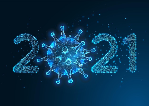 Futuristische Pandemie Neujahr digitale Web-Banner-Vorlage mit leuchtend niedriger polygonaler 2021-Nummer und Coronavirus auf dunkelblauem Hintergrund. Moderner Drahtrahmen.