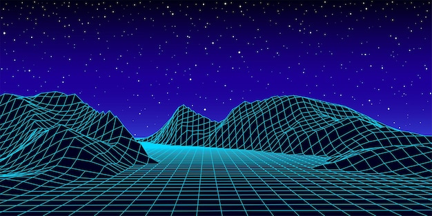 Futuristische Retro-Landschaft im Stil der 1980er Jahre Digitale Cyber-Oberfläche Retro SciFi blauer Hintergrund Albumcover oder Banner im Stil der 8090er Jahre Vektorillustration