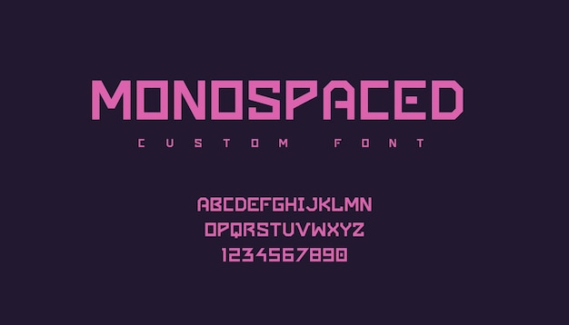 Futuristische Schriftart Minimalistische Monospace-Geometrie-Rosa-Schrift mit Textsymbolen in Großbuchstaben und Zahlen für Logo-Emblem oder Poster-Header Vektor-Schriftzug und Kalligrafie-Vorlagen