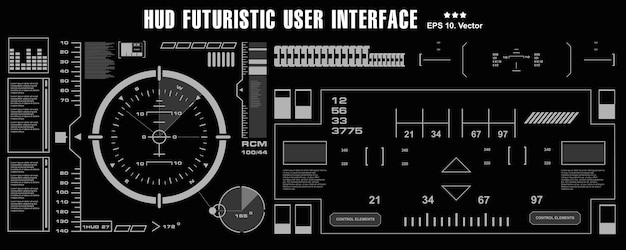 Futuristische Schwarz-Weiß-HUD-Virtual-Touch-Benutzeroberfläche im Flat-Design-Virtual-Reality-Technologie-Bildschirmziel