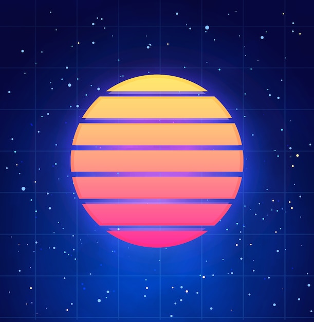 Vektor futuristische sonnenuntergangillustration im retro-stil. vaporwave, abstrakte synthwave-vorlage mit sternenhimmel