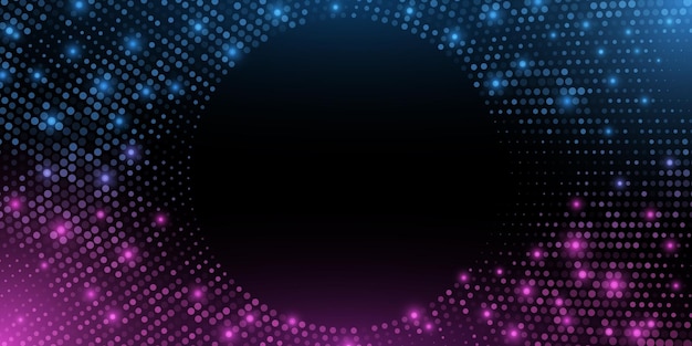 Vektor futuristischer hintergrund von lila und blau glitzernden halbtonmuster leuchtende punkte kreis für eine disco-party runder glamour-rahmen für ihr design stilvolle retro-rahmen vektor-illustration