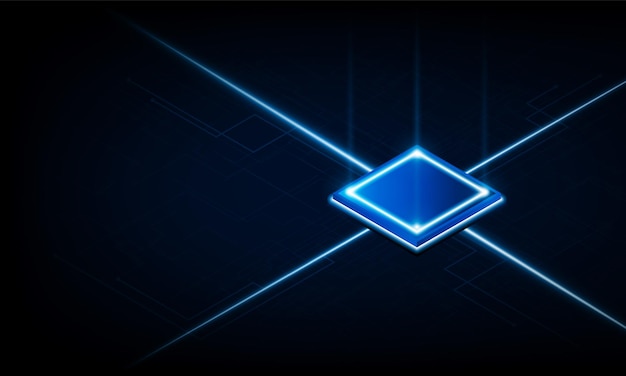 Futuristischer Mikrochip-Prozessor mit Lichtern auf blauem Hintergrund Quantencomputer-Konzept, Innovationshintergrund, Vektordesign