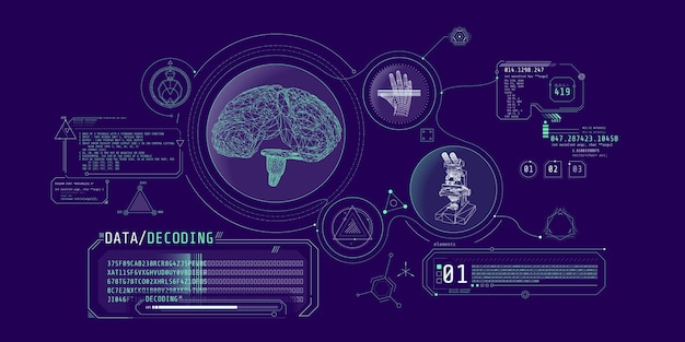 Futuristischer schnittstellenbildschirm für die gehirnforschung mit datendekodierung