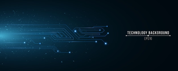 Futuristischer Technologiehintergrund der leuchtend blauen Computerschaltung. Zufällig fliegende Partikel. Wissenschaftlicher Hintergrund. Hi-Tech-Vorlage.