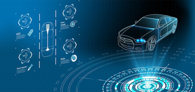 Vektor futuristisches autoservice-scannen und automatische datenanalyse intelligentes auto-banner