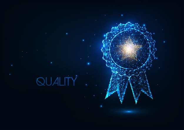 Futuristisches Best-Quality-Award-Abzeichen-Konzept mit leuchtender polygonaler Siegermedaille und goldenem Stern