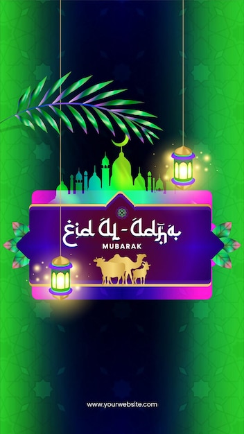 Futuristisches eid al adha mubarak social-media-story-design mit lebendigem mitternachtsblauem hintergrund