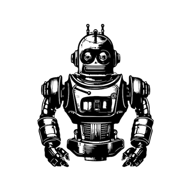 Futuristisches Roboter-Vintage-Logo-Line-Art-Konzept in schwarz-weißer, handgezeichneter Illustration