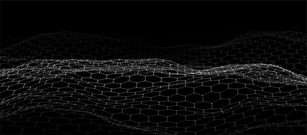 Futuristisches schwarzes Sechseck dynamische Welle Futuristisches Wabenkonzept Digitaler Technologie-Webfluss Big Data-Visualisierung