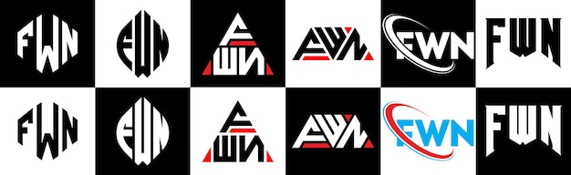 Fwn-buchstaben-logo-design in sechs stilen. fwn-polygon-kreis-dreieck-sechseck-flacher und einfacher stil mit schwarzen und weißen farbvariationen. buchstaben-logo auf einer zeichenfläche. fwn-minimalistisches und klassisches logo
