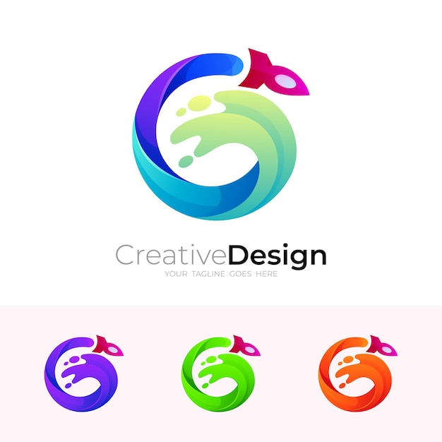 G logo und raketendesignkombination, swoosh-symbol, 3d bunt