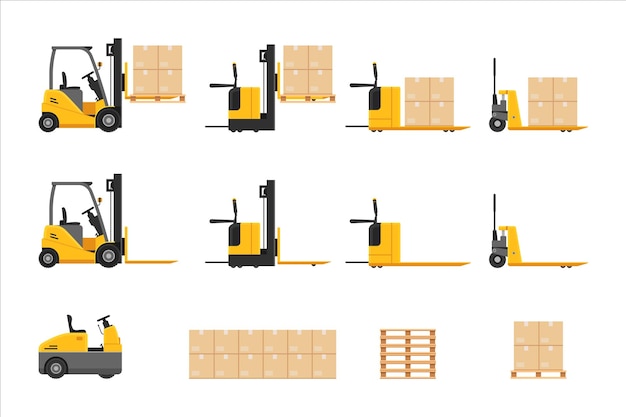 Gabelstapler am arbeitsplatz mit paketstapelung pappkarton-rack-depot und lagerlagerung, waren-, versand- und logistikmanagement-vektorillustration einzeln auf weißem hintergrund