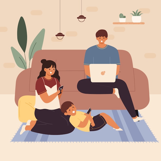 Gadget Sucht Konzept flache Vektor-Illustration. Familie mit tragbarer Elektronik. Benutzer von Social Media-Netzwerken. Leute, die Smartphones und Tablets halten. Eltern und Kinder verbringen Zeit online.