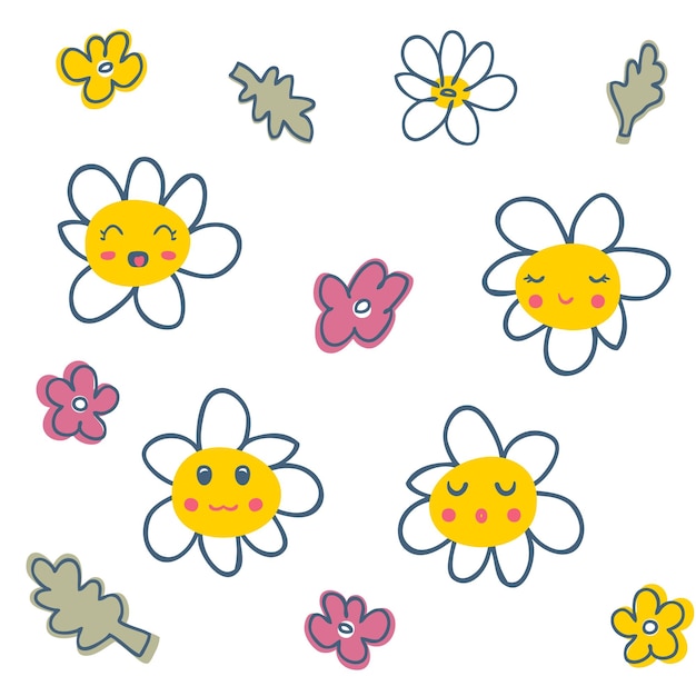 Gänseblümchen-blumen mit lustigen cartoon-gesichtern niedliche kamille-figuren-sammlung mit fröhlichen emotionen kinderlogo floraler vektor isolierte illustration für dekor und design