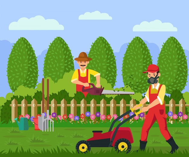 Gärtner, die in der Yard-Vektor-Illustration arbeiten