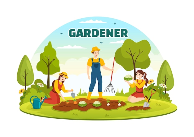 Gärtner-Illustration mit Gartenwerkzeug und Landwirtschaft in botanischer Sommergartenarbeit handgezeichnete Vorlage