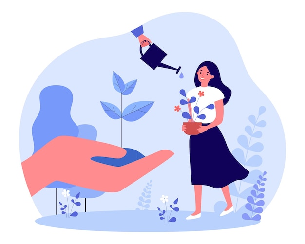 Vektor gärtner wachsende pflanze mit sorgfalt. kleine frau, die topfblume, hand mit sämling der flachen vektorillustration des baums hält. ökologie, neues lebenskonzept für banner, website-design oder landing-webseite