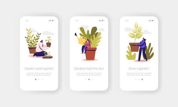 Gärtnern oder floristik hobby mobile app seite onboard-bildschirmvorlage